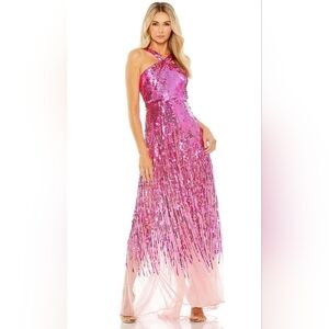 NWT Mac Duggal 93961 Hot Pink Sequined Crepe Dress Cross Front Evening Gown Sz 4